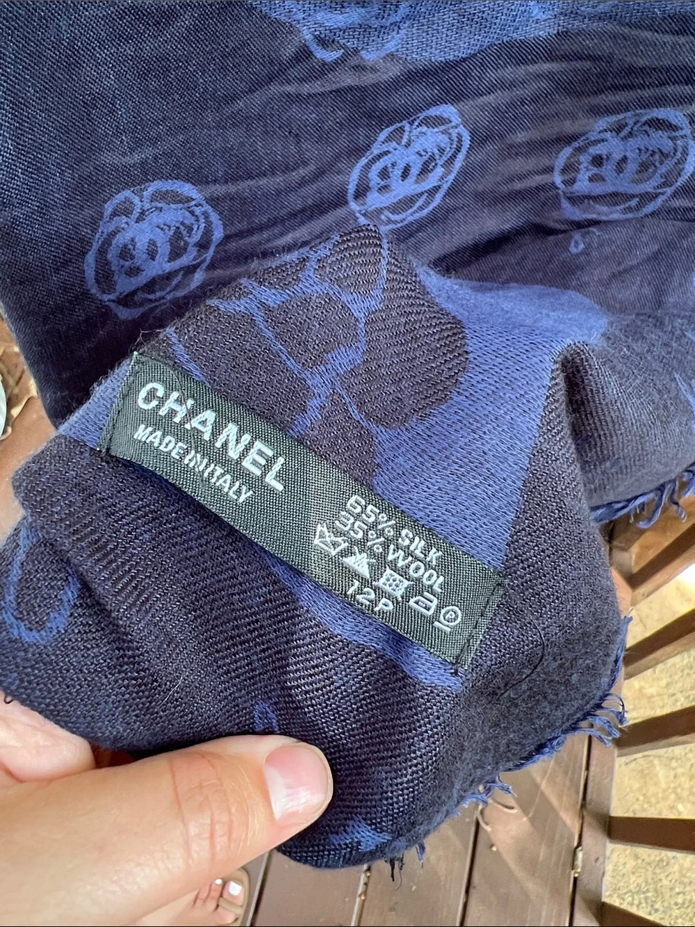 Chanel • Oversized Camellia Silk Wool Logo Scarf / Shawl – Navy Blue Spring 2012